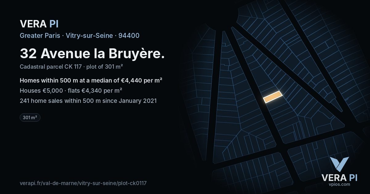 32 Avenue la Bruyère, Vitry-sur-Seine at night – the plot lit, the parcels around coloured by the prices near them