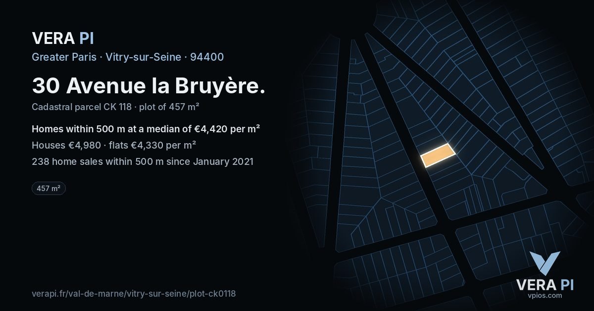 30 Avenue la Bruyère, Vitry-sur-Seine at night – the plot lit, the parcels around coloured by the prices near them