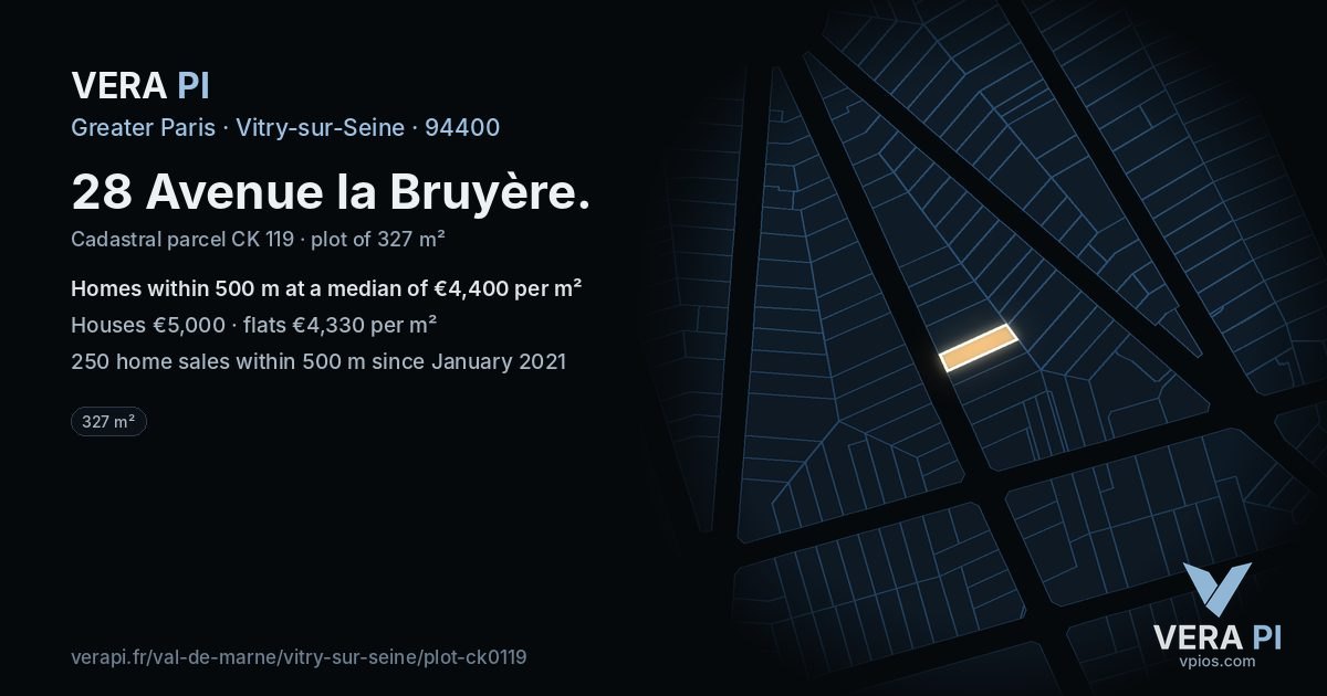 28 Avenue la Bruyère, Vitry-sur-Seine at night – the plot lit, the parcels around coloured by the prices near them