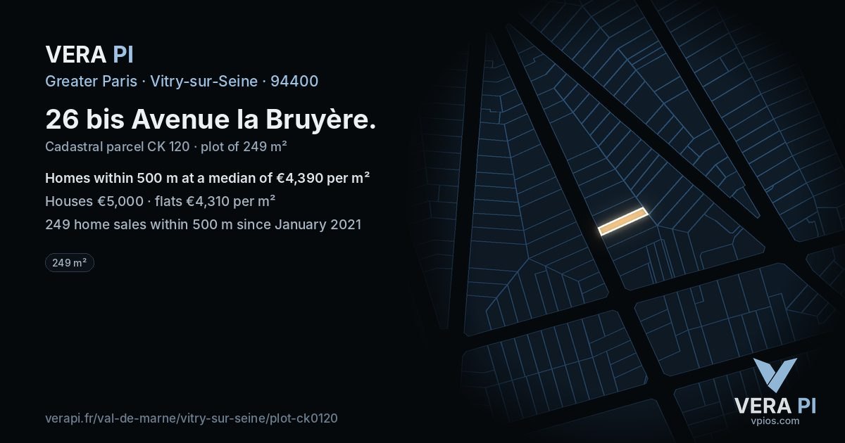 26 bis Avenue la Bruyère, Vitry-sur-Seine at night – the plot lit, the parcels around coloured by the prices near them