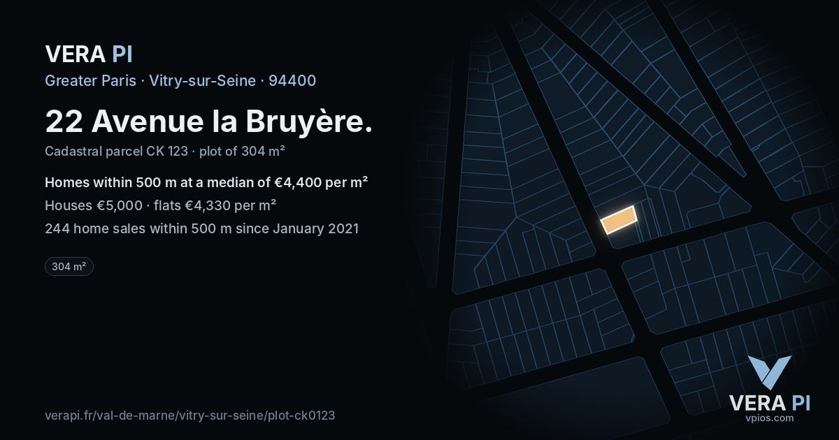 22 Avenue la Bruyère, Vitry-sur-Seine at night – the plot lit, the parcels around coloured by the prices near them