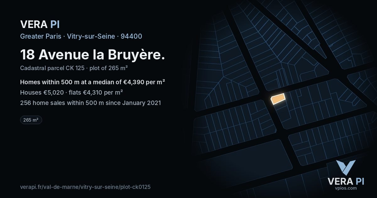 18 Avenue la Bruyère, Vitry-sur-Seine at night – the plot lit, the parcels around coloured by the prices near them