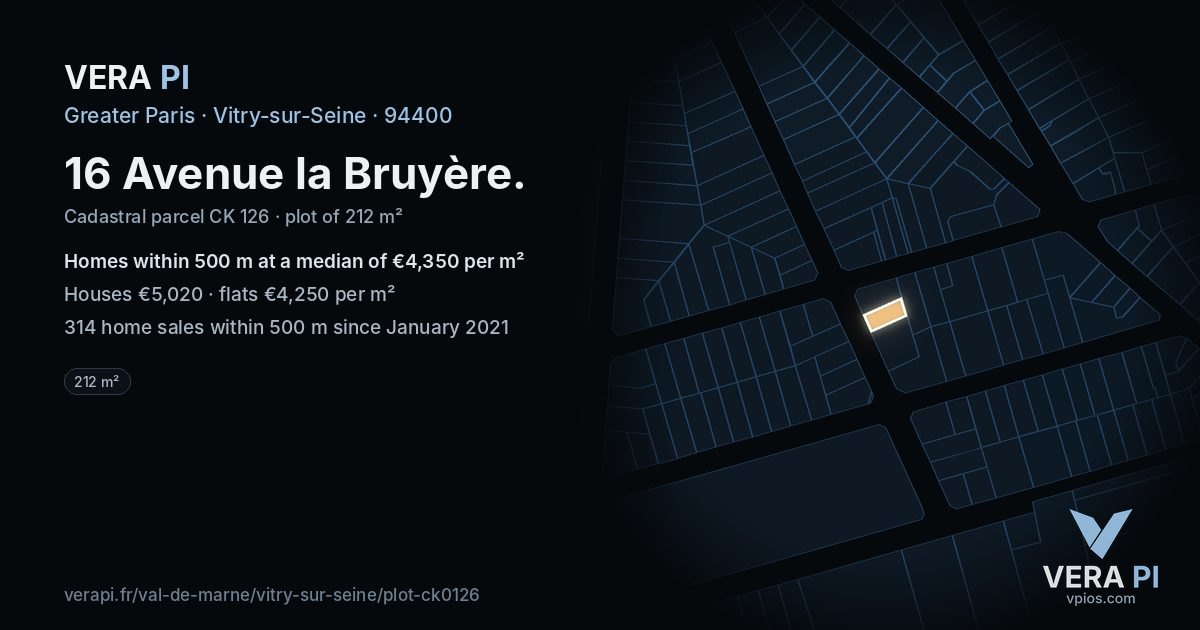 16 Avenue la Bruyère, Vitry-sur-Seine at night – the plot lit, the parcels around coloured by the prices near them