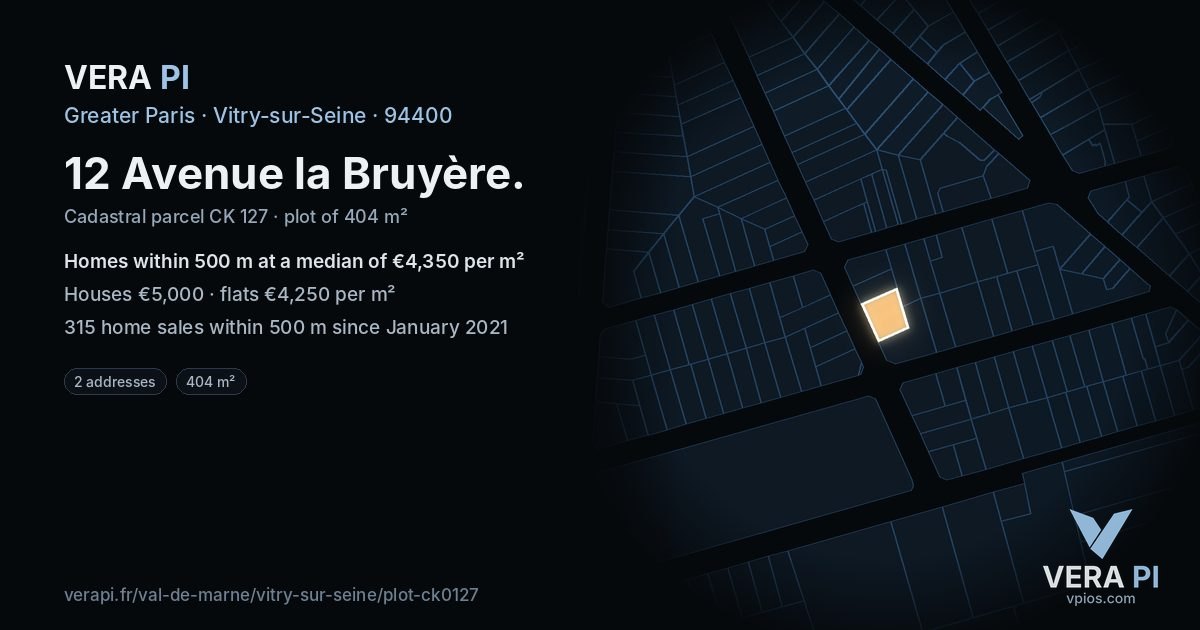 12 Avenue la Bruyère, Vitry-sur-Seine at night – the plot lit, the parcels around coloured by the prices near them