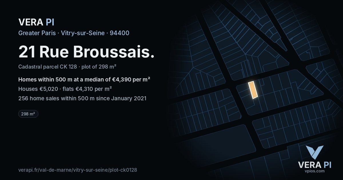 21 Rue Broussais, Vitry-sur-Seine at night – the plot lit, the parcels around coloured by the prices near them