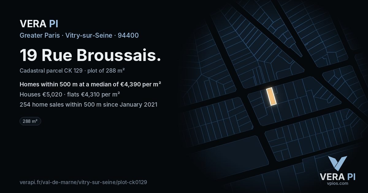19 Rue Broussais, Vitry-sur-Seine at night – the plot lit, the parcels around coloured by the prices near them