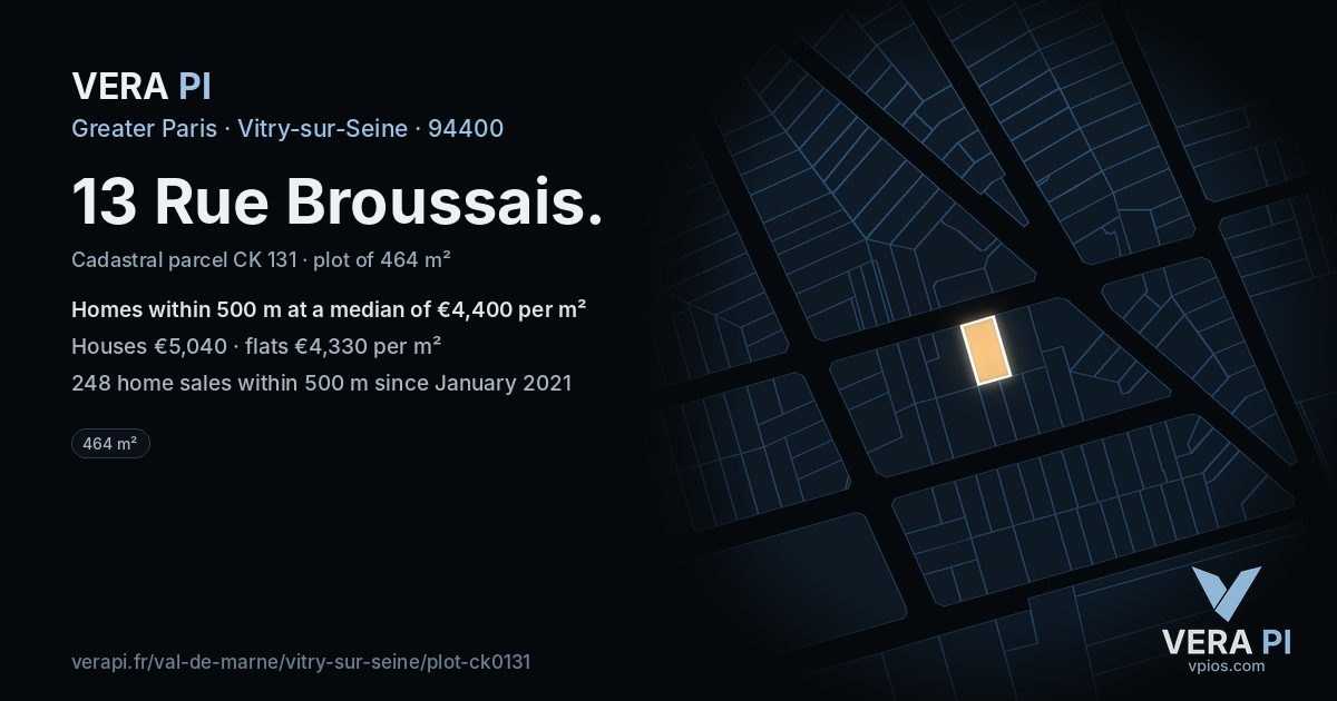 13 Rue Broussais, Vitry-sur-Seine at night – the plot lit, the parcels around coloured by the prices near them