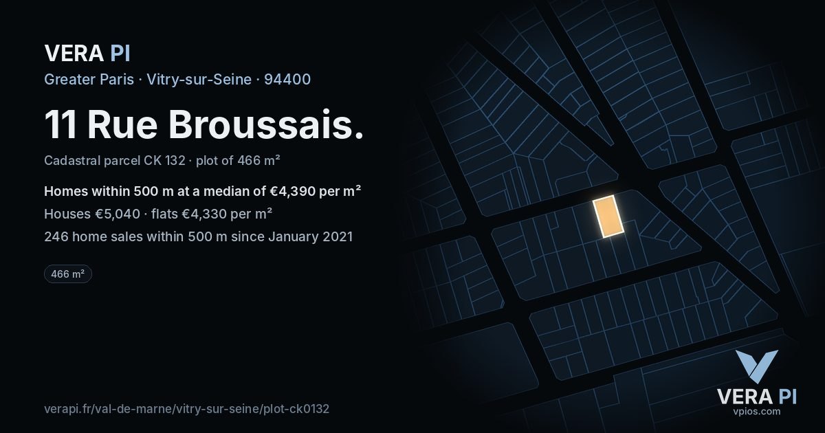 11 Rue Broussais, Vitry-sur-Seine at night – the plot lit, the parcels around coloured by the prices near them