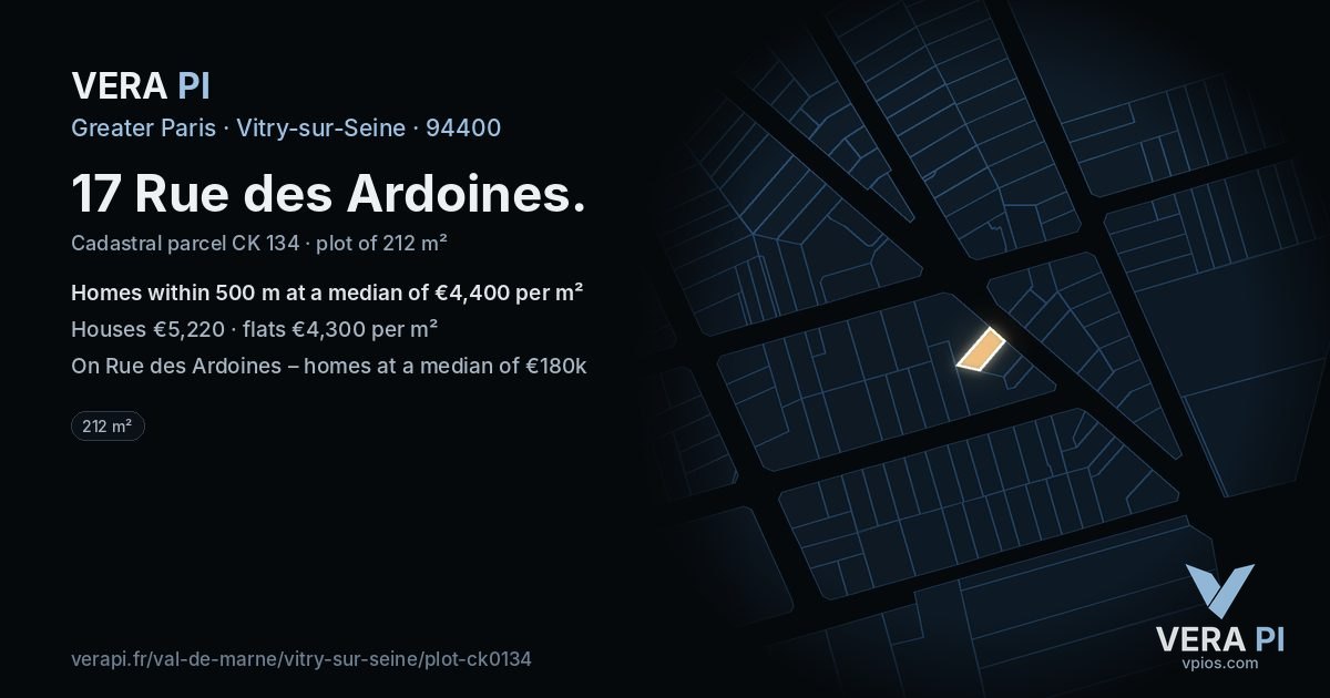 17 Rue des Ardoines, Vitry-sur-Seine at night – the plot lit, the parcels around coloured by the prices near them