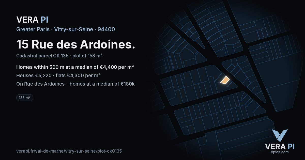 15 Rue des Ardoines, Vitry-sur-Seine at night – the plot lit, the parcels around coloured by the prices near them
