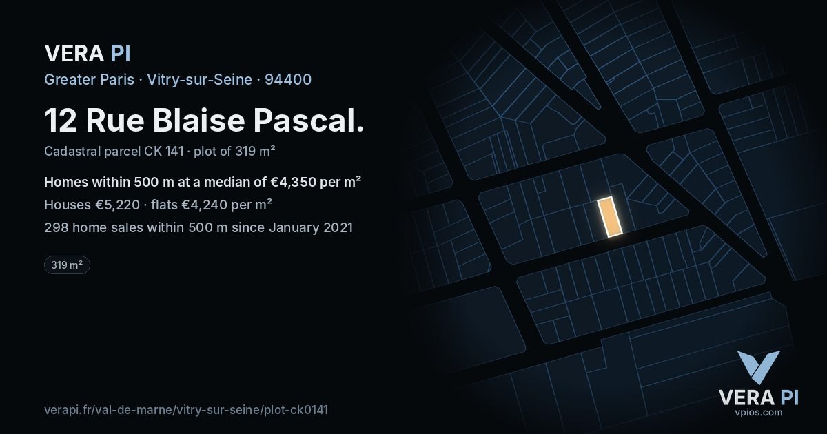 12 Rue Blaise Pascal, Vitry-sur-Seine at night – the plot lit, the parcels around coloured by the prices near them