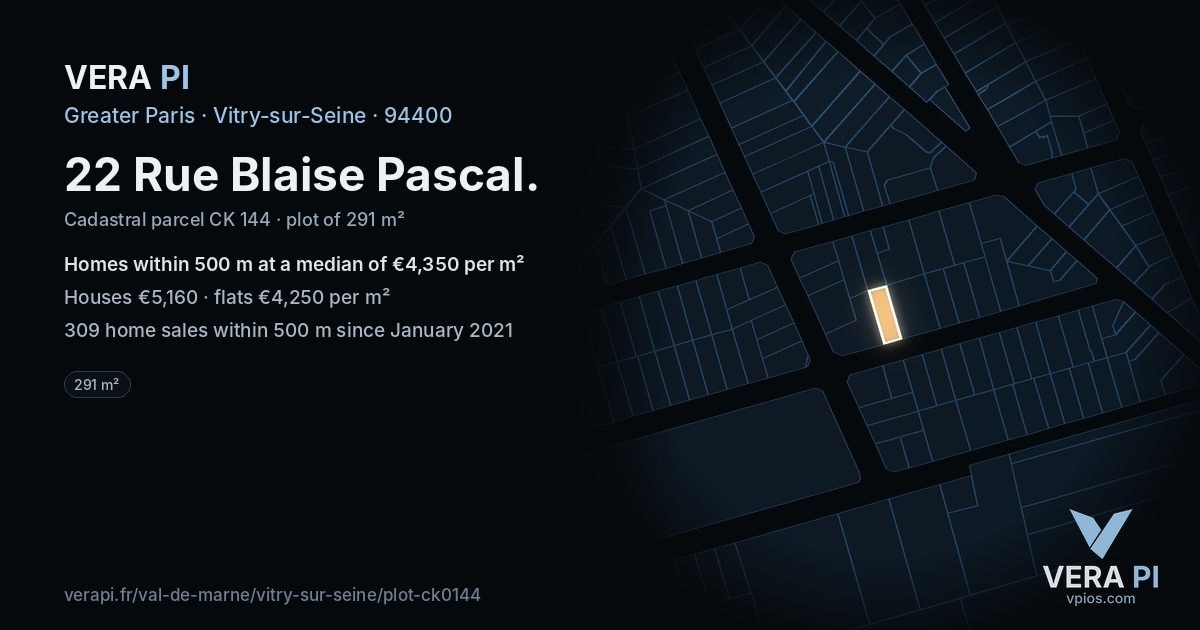 22 Rue Blaise Pascal, Vitry-sur-Seine at night – the plot lit, the parcels around coloured by the prices near them