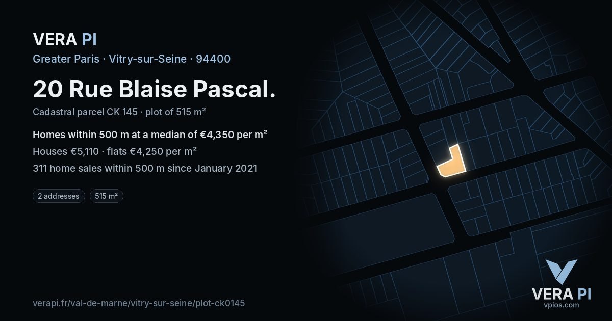 20 Rue Blaise Pascal, Vitry-sur-Seine at night – the plot lit, the parcels around coloured by the prices near them