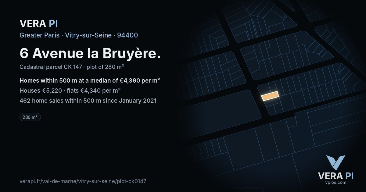 6 Avenue la Bruyère, Vitry-sur-Seine at night – the plot lit, the parcels around coloured by the prices near them
