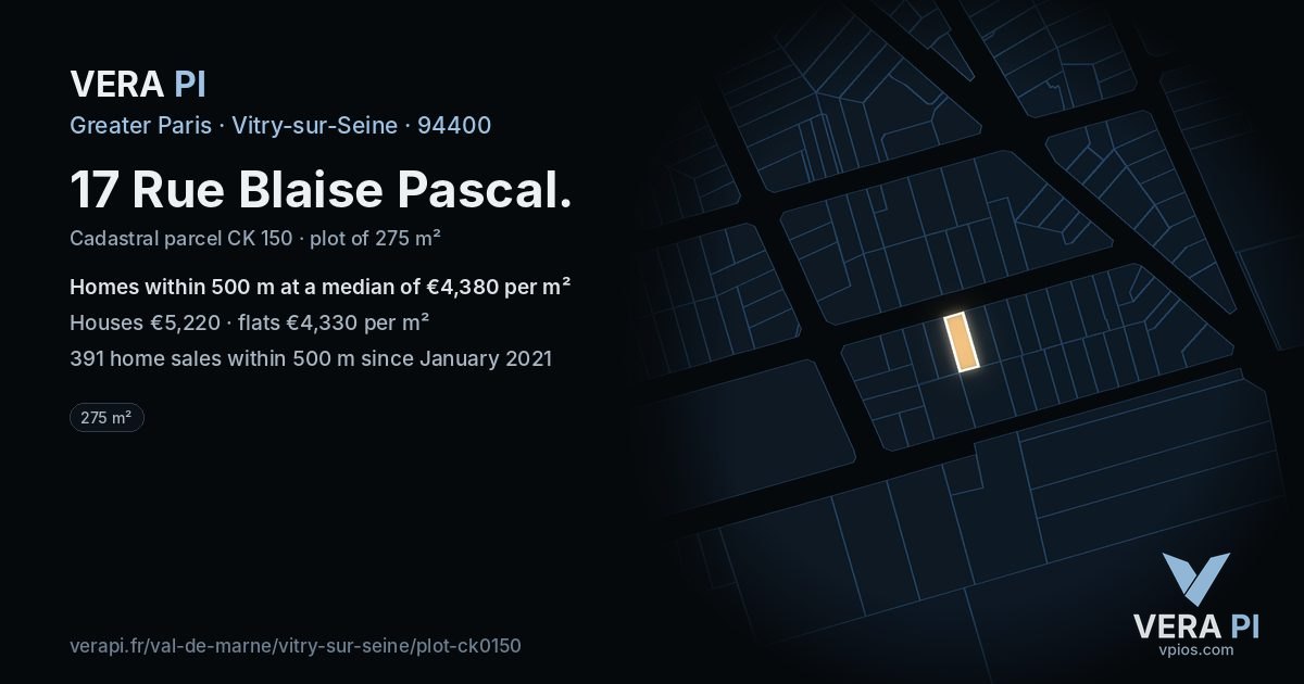 17 Rue Blaise Pascal, Vitry-sur-Seine at night – the plot lit, the parcels around coloured by the prices near them