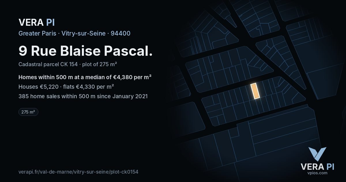 9 Rue Blaise Pascal, Vitry-sur-Seine at night – the plot lit, the parcels around coloured by the prices near them