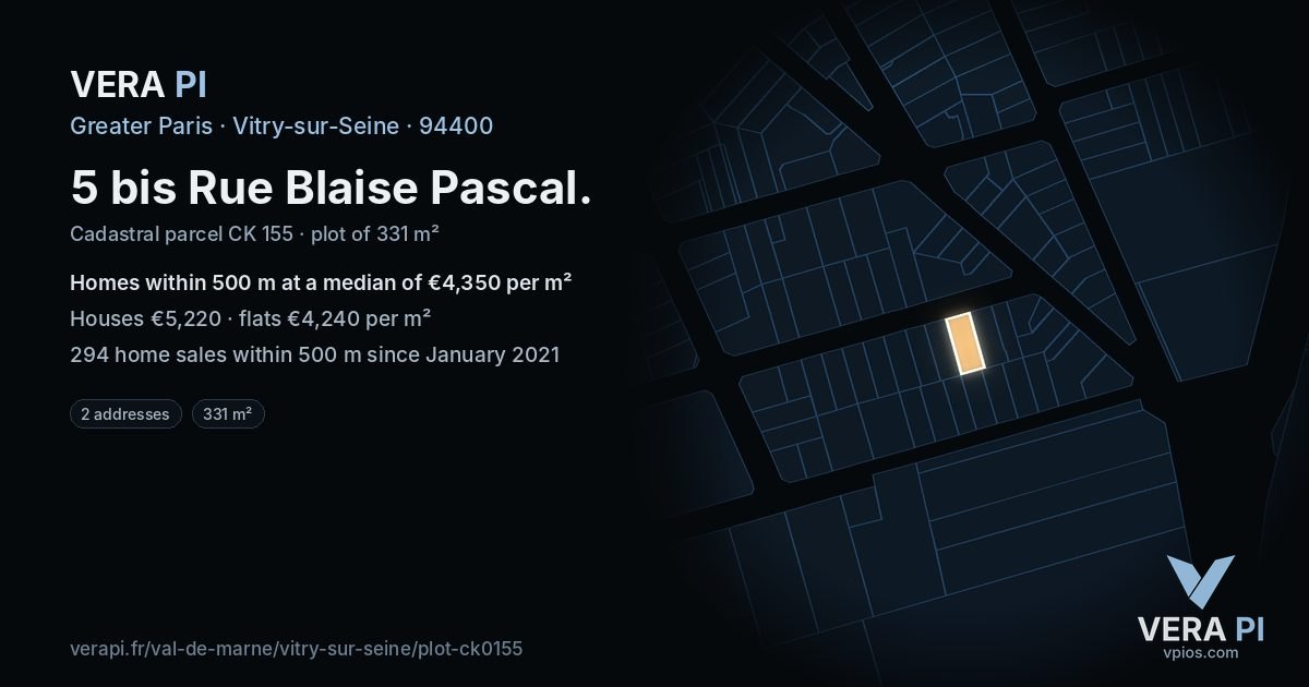 5 bis Rue Blaise Pascal, Vitry-sur-Seine at night – the plot lit, the parcels around coloured by the prices near them