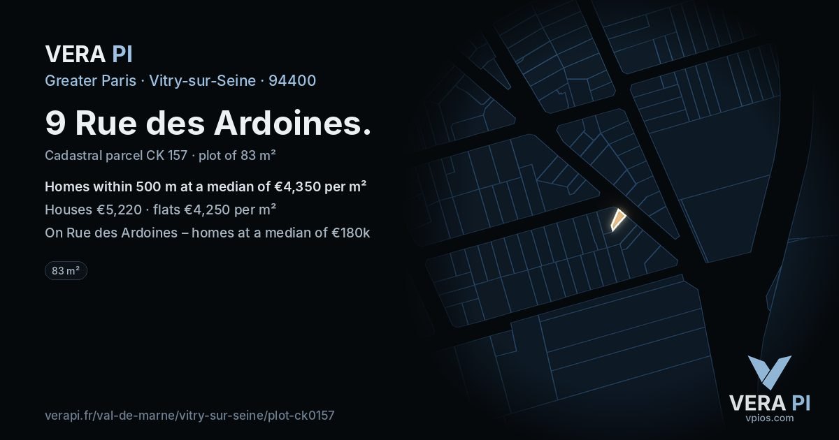 9 Rue des Ardoines, Vitry-sur-Seine at night – the plot lit, the parcels around coloured by the prices near them