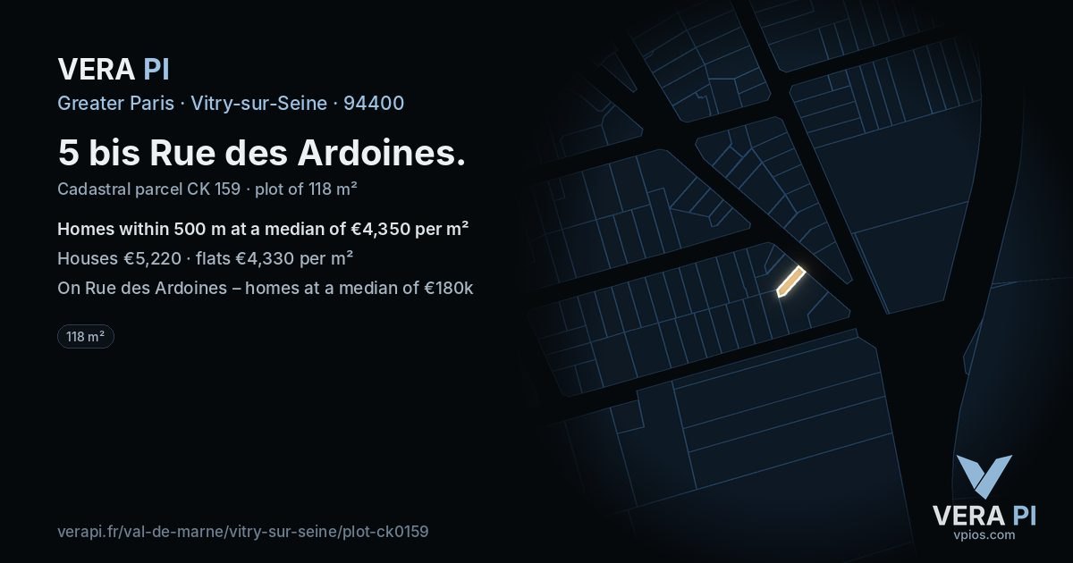 5 bis Rue des Ardoines, Vitry-sur-Seine at night – the plot lit, the parcels around coloured by the prices near them