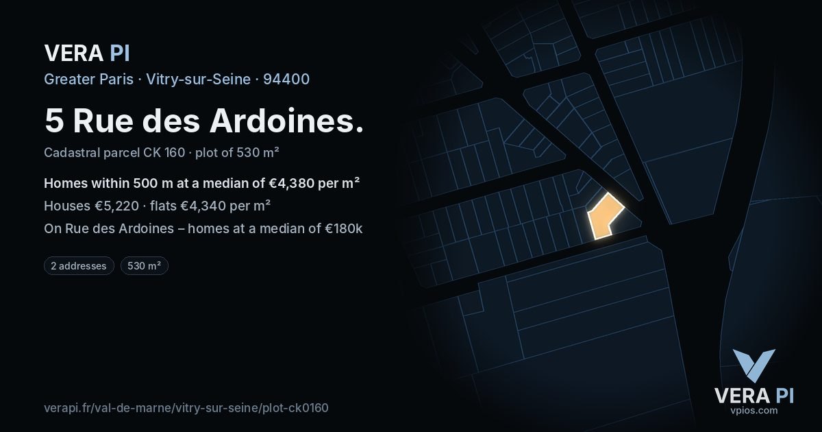 5 Rue des Ardoines, Vitry-sur-Seine at night – the plot lit, the parcels around coloured by the prices near them