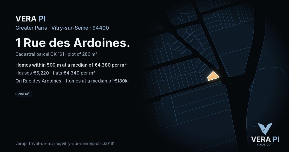 1 Rue des Ardoines, Vitry-sur-Seine at night – the plot lit, the parcels around coloured by the prices near them