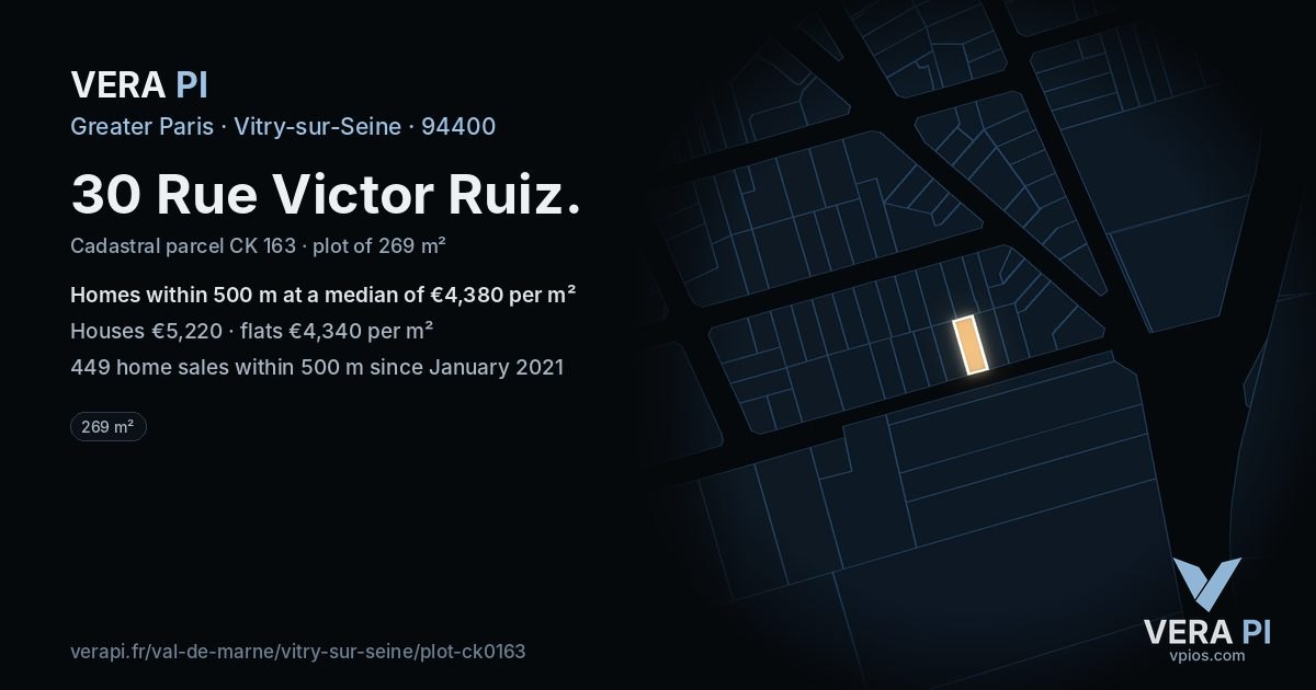 30 Rue Victor Ruiz, Vitry-sur-Seine at night – the plot lit, the parcels around coloured by the prices near them