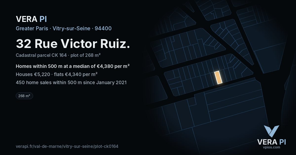 32 Rue Victor Ruiz, Vitry-sur-Seine at night – the plot lit, the parcels around coloured by the prices near them