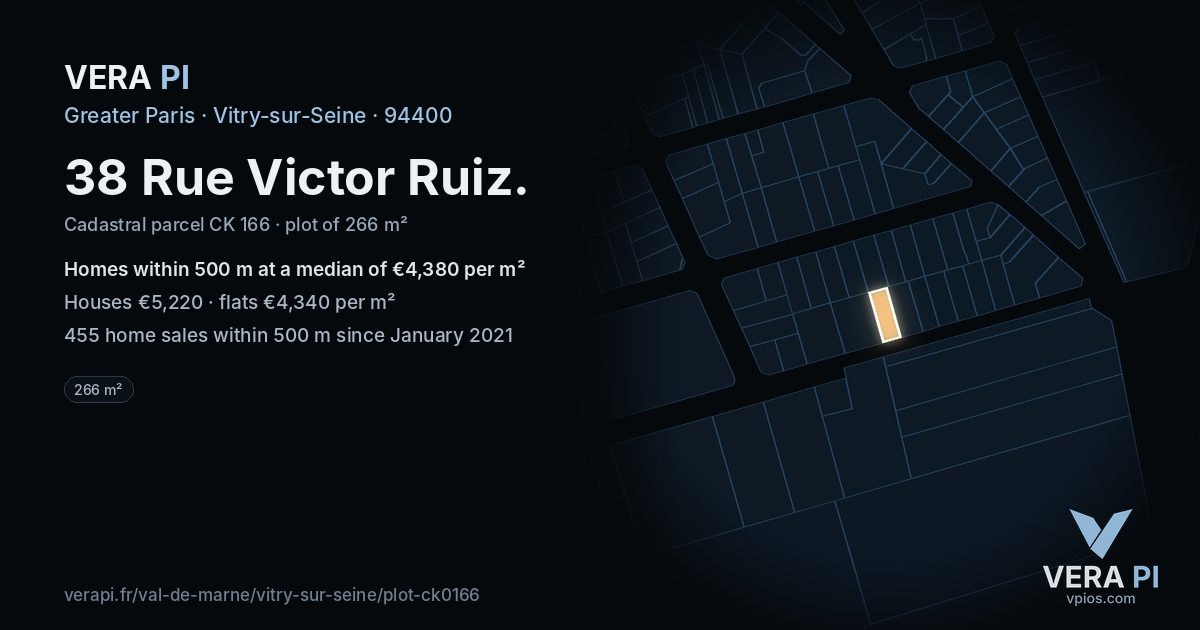 38 Rue Victor Ruiz, Vitry-sur-Seine at night – the plot lit, the parcels around coloured by the prices near them