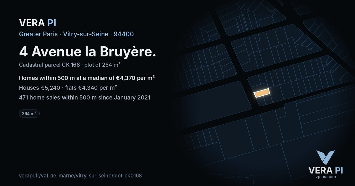 4 Avenue la Bruyère, Vitry-sur-Seine at night – the plot lit, the parcels around coloured by the prices near them