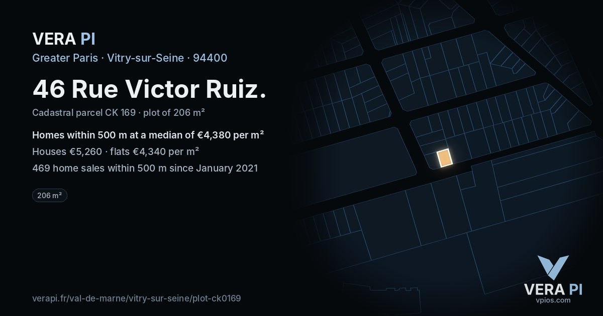 46 Rue Victor Ruiz, Vitry-sur-Seine at night – the plot lit, the parcels around coloured by the prices near them