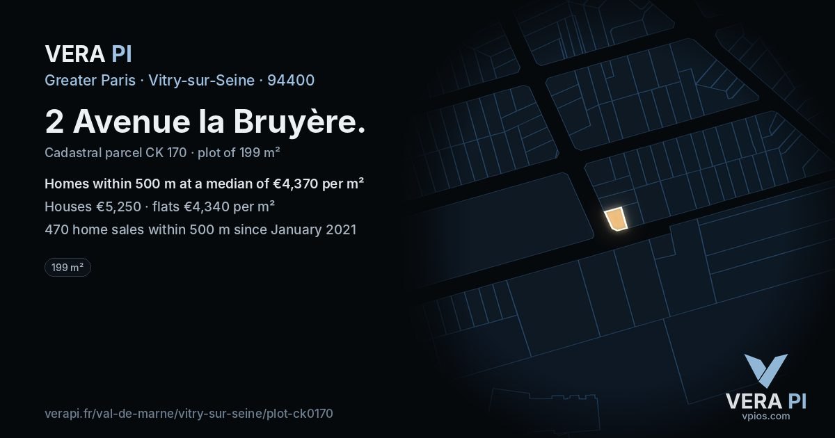 2 Avenue la Bruyère, Vitry-sur-Seine at night – the plot lit, the parcels around coloured by the prices near them