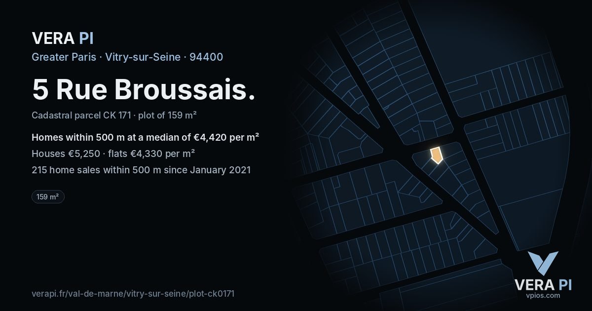 5 Rue Broussais, Vitry-sur-Seine at night – the plot lit, the parcels around coloured by the prices near them
