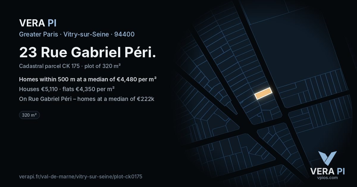 23 Rue Gabriel Péri, Vitry-sur-Seine at night – the plot lit, the parcels around coloured by the prices near them