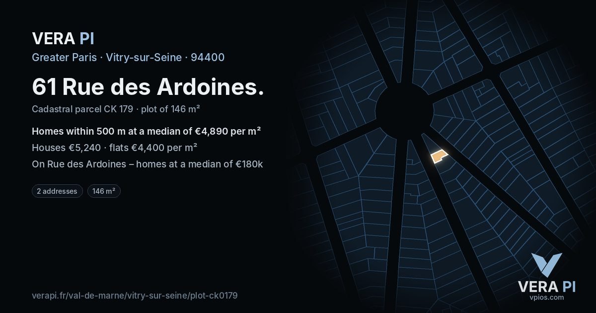 61 Rue des Ardoines, Vitry-sur-Seine at night – the plot lit, the parcels around coloured by the prices near them