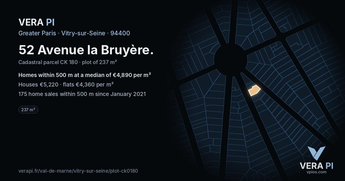 52 Avenue la Bruyère, Vitry-sur-Seine at night – the plot lit, the parcels around coloured by the prices near them