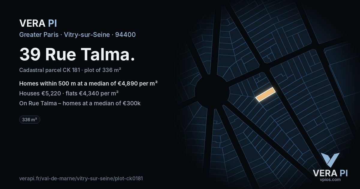 39 Rue Talma, Vitry-sur-Seine at night – the plot lit, the parcels around coloured by the prices near them