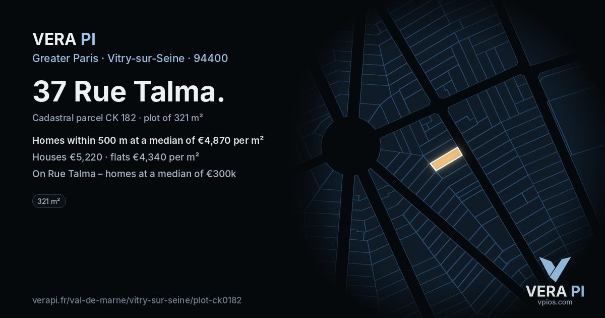 37 Rue Talma, Vitry-sur-Seine at night – the plot lit, the parcels around coloured by the prices near them