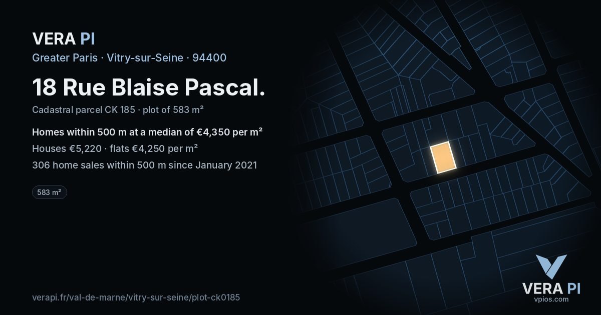 18 Rue Blaise Pascal, Vitry-sur-Seine at night – the plot lit, the parcels around coloured by the prices near them