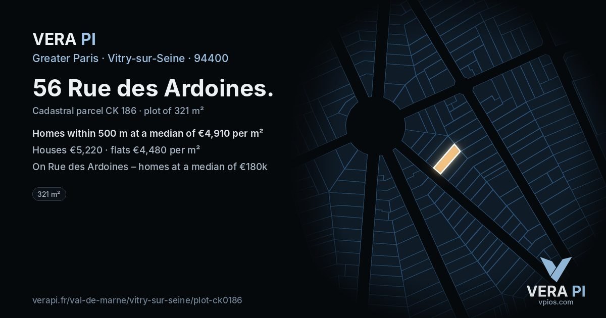 56 Rue des Ardoines, Vitry-sur-Seine at night – the plot lit, the parcels around coloured by the prices near them