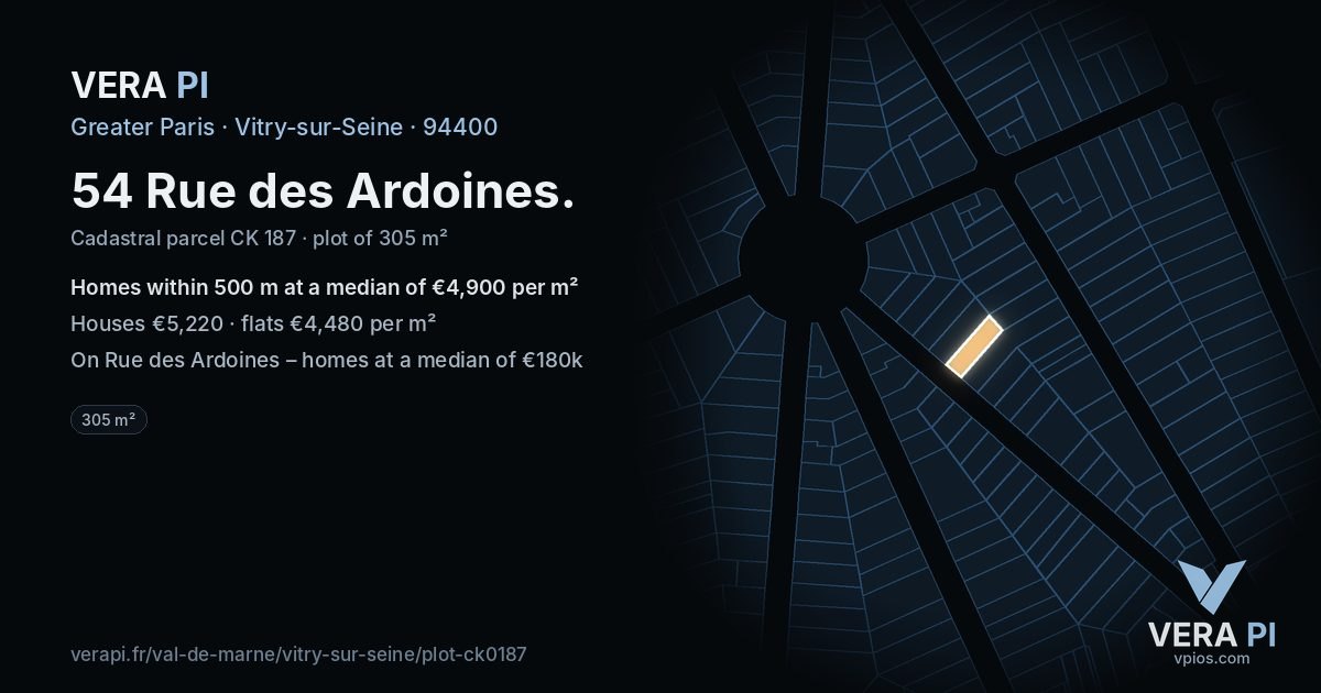 54 Rue des Ardoines, Vitry-sur-Seine at night – the plot lit, the parcels around coloured by the prices near them