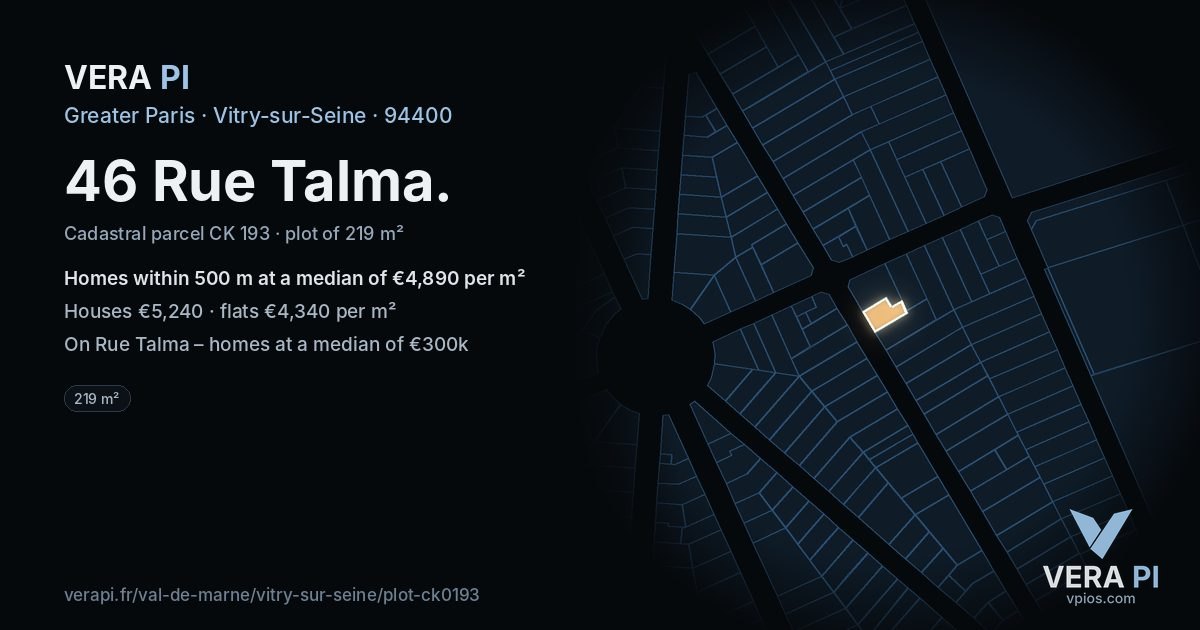 46 Rue Talma, Vitry-sur-Seine at night – the plot lit, the parcels around coloured by the prices near them