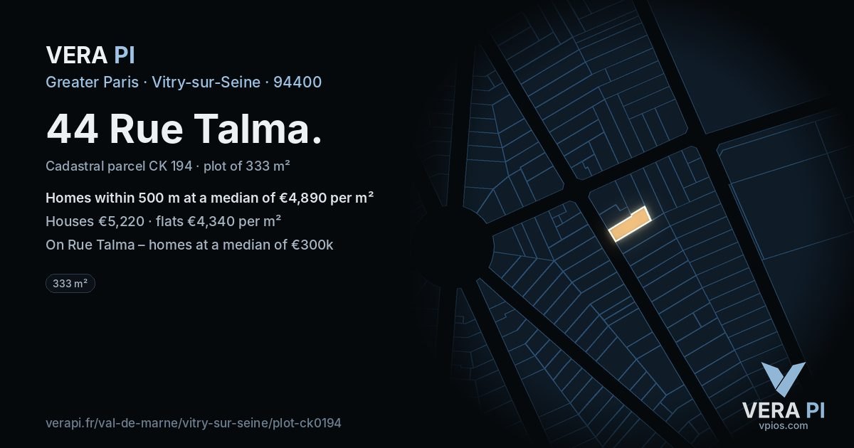 44 Rue Talma, Vitry-sur-Seine at night – the plot lit, the parcels around coloured by the prices near them