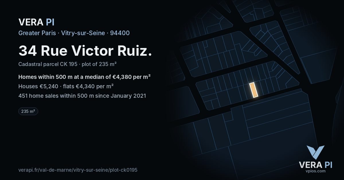 34 Rue Victor Ruiz, Vitry-sur-Seine at night – the plot lit, the parcels around coloured by the prices near them