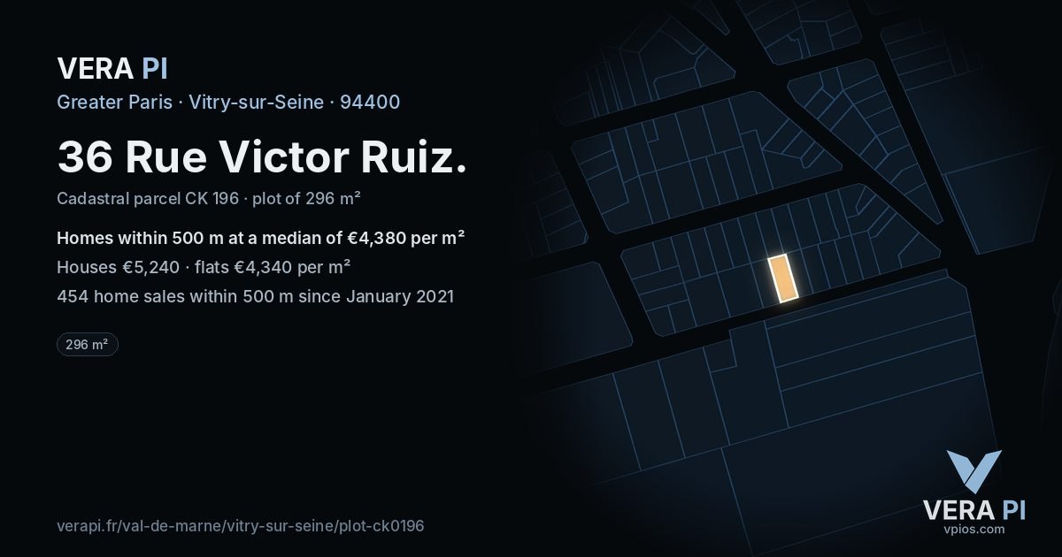 36 Rue Victor Ruiz, Vitry-sur-Seine at night – the plot lit, the parcels around coloured by the prices near them