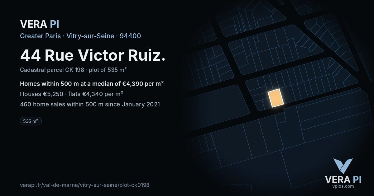 44 Rue Victor Ruiz, Vitry-sur-Seine at night – the plot lit, the parcels around coloured by the prices near them