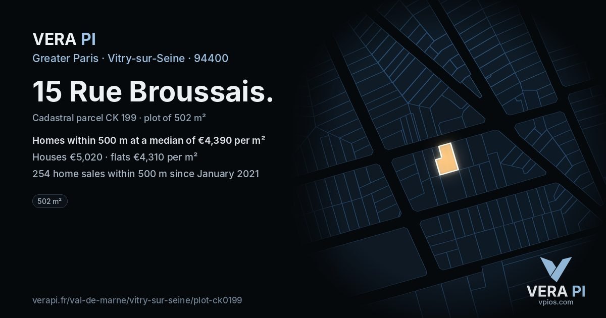 15 Rue Broussais, Vitry-sur-Seine at night – the plot lit, the parcels around coloured by the prices near them