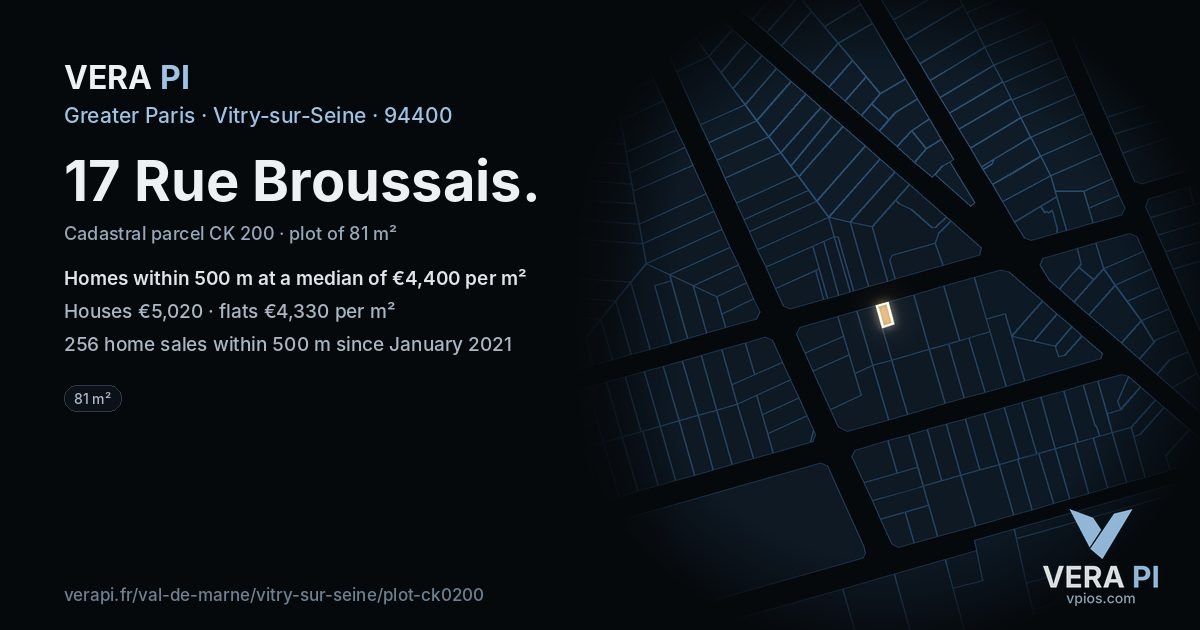 17 Rue Broussais, Vitry-sur-Seine at night – the plot lit, the parcels around coloured by the prices near them