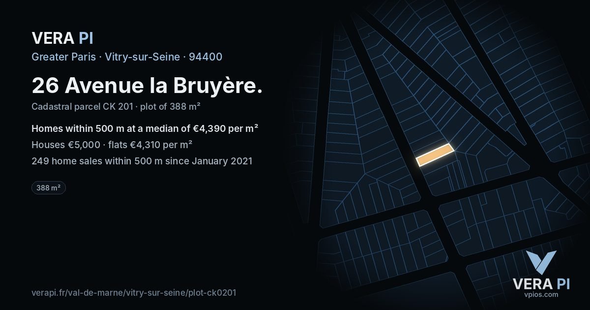 26 Avenue la Bruyère, Vitry-sur-Seine at night – the plot lit, the parcels around coloured by the prices near them