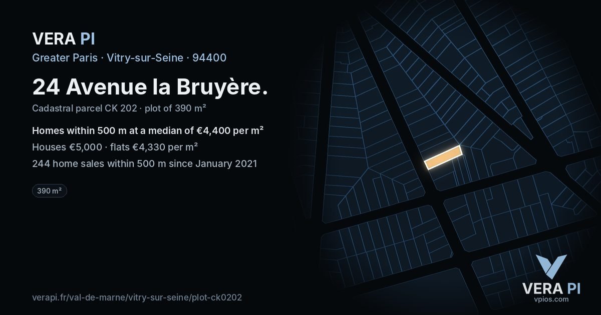 24 Avenue la Bruyère, Vitry-sur-Seine at night – the plot lit, the parcels around coloured by the prices near them
