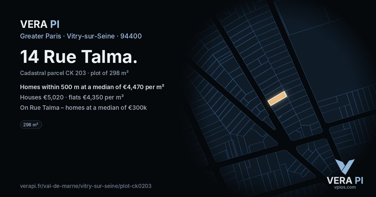 14 Rue Talma, Vitry-sur-Seine at night – the plot lit, the parcels around coloured by the prices near them
